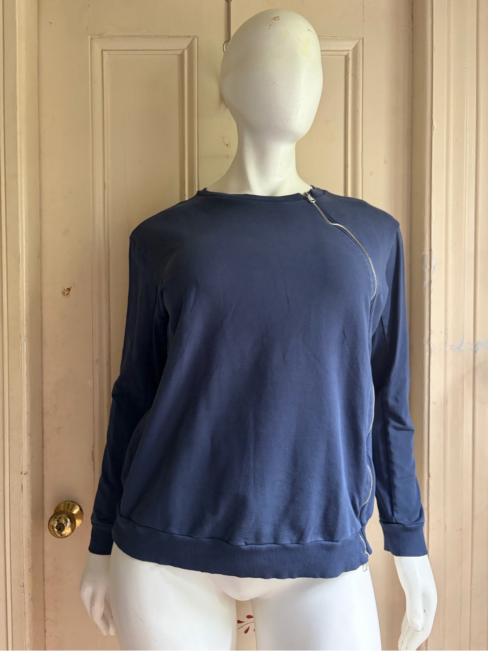 Universal Standard Navy Crewneck Meridien Sweatshirt with Diagonal Zip